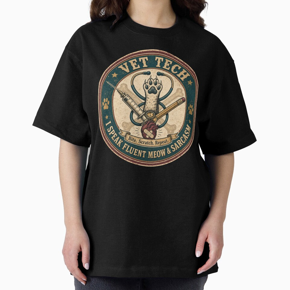 Vet Tech - I Speak Fluent Meow and Sarcasm Vintage Badge by SandiCreative