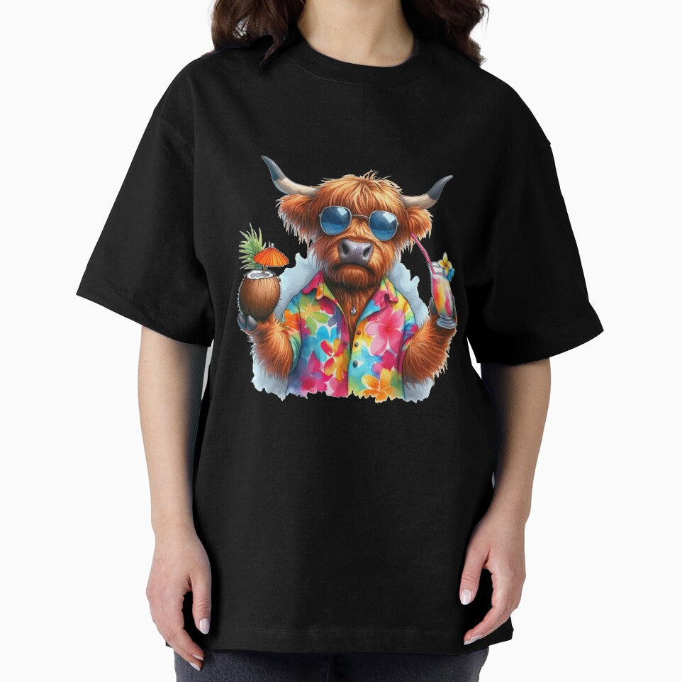 Scottish Highland Cow on Tropical Vacation Drinking Cocktails in Shades in a Hawaiian Shirt Colorful Watercolor by MaedK