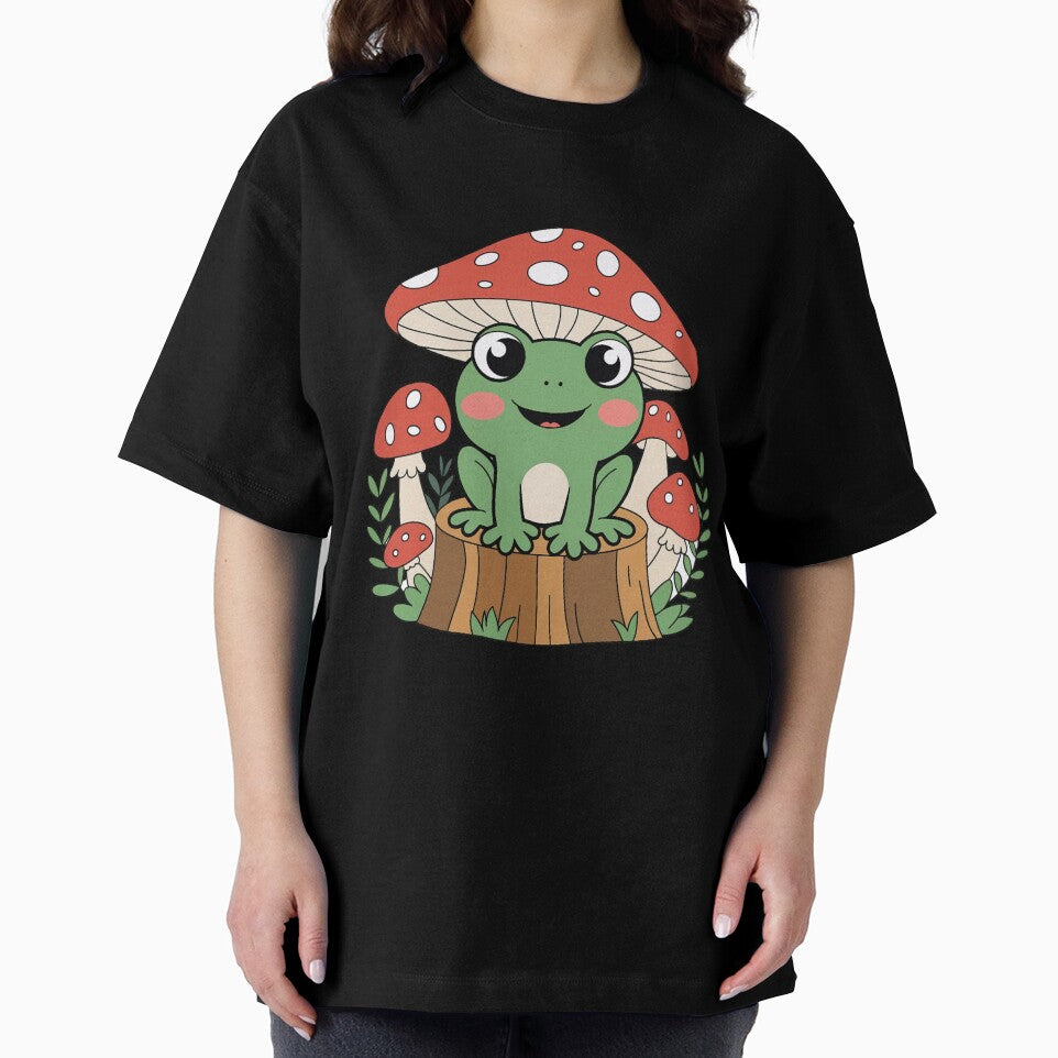 Cute Kawaii Frog with Mushroom Hat on Tree Stump Sticker by ZyxDes