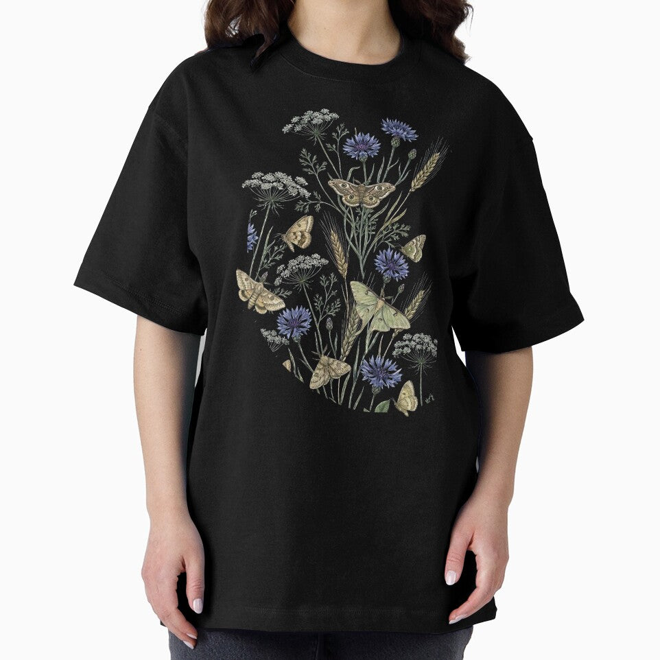 Dark Enchanted Night Garden Moth and Wildflower Pattern by LinaValearte