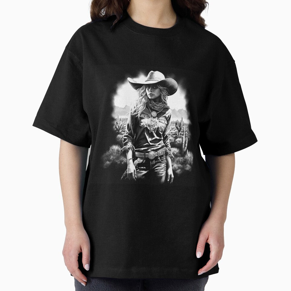 Western Cowgirl in Desert Cactus Landscape | Black and White Southwest Art by inkoutninja