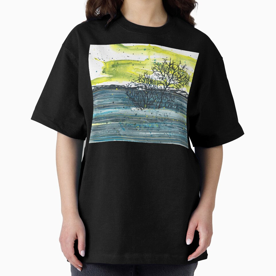 Watercolor blue and yellow landscape, abstract landscape, trees by anaozzart