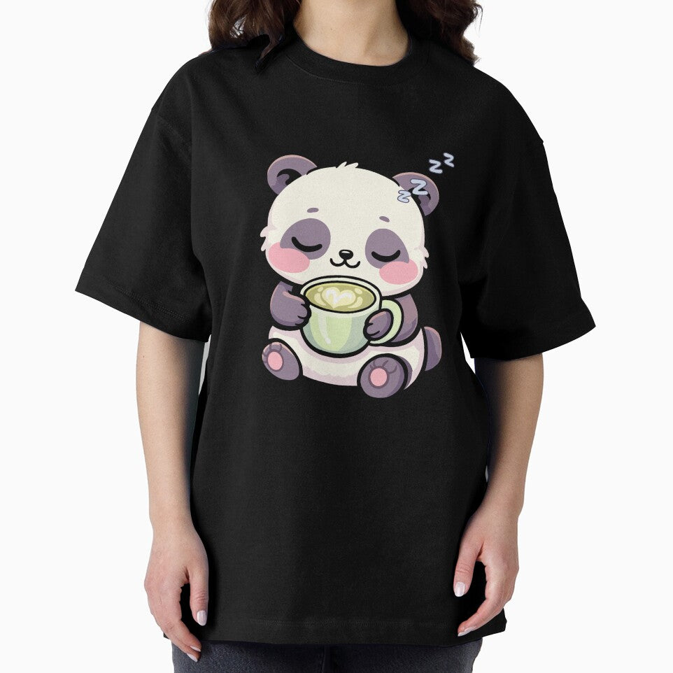 Sleepy Kawaii Panda Drinking Matcha – Cozy Pastel Animal Art by CozyCritterShop