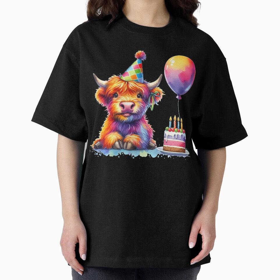 Scottish Highland Cow Calf Celebrating a Happy Birthday Colorful Watercolor by MaedK