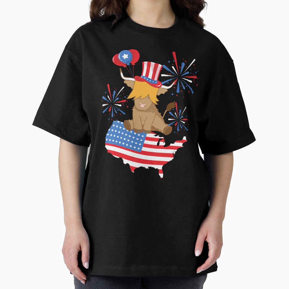 Scottish highland cow 4th of july independence celebration fireworks with USA map by Ayelandco