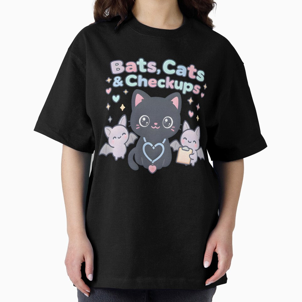 Bats, Cats & Checkups Kawaii Halloween Vet T-Shirt | Cute Cat & Bat Design by Bettybee00