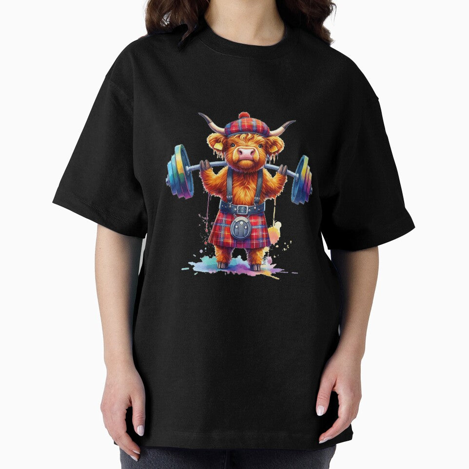 Cute Scottish Highland Cow Weightlifting Colorful Fun Watercolor by MaedK
