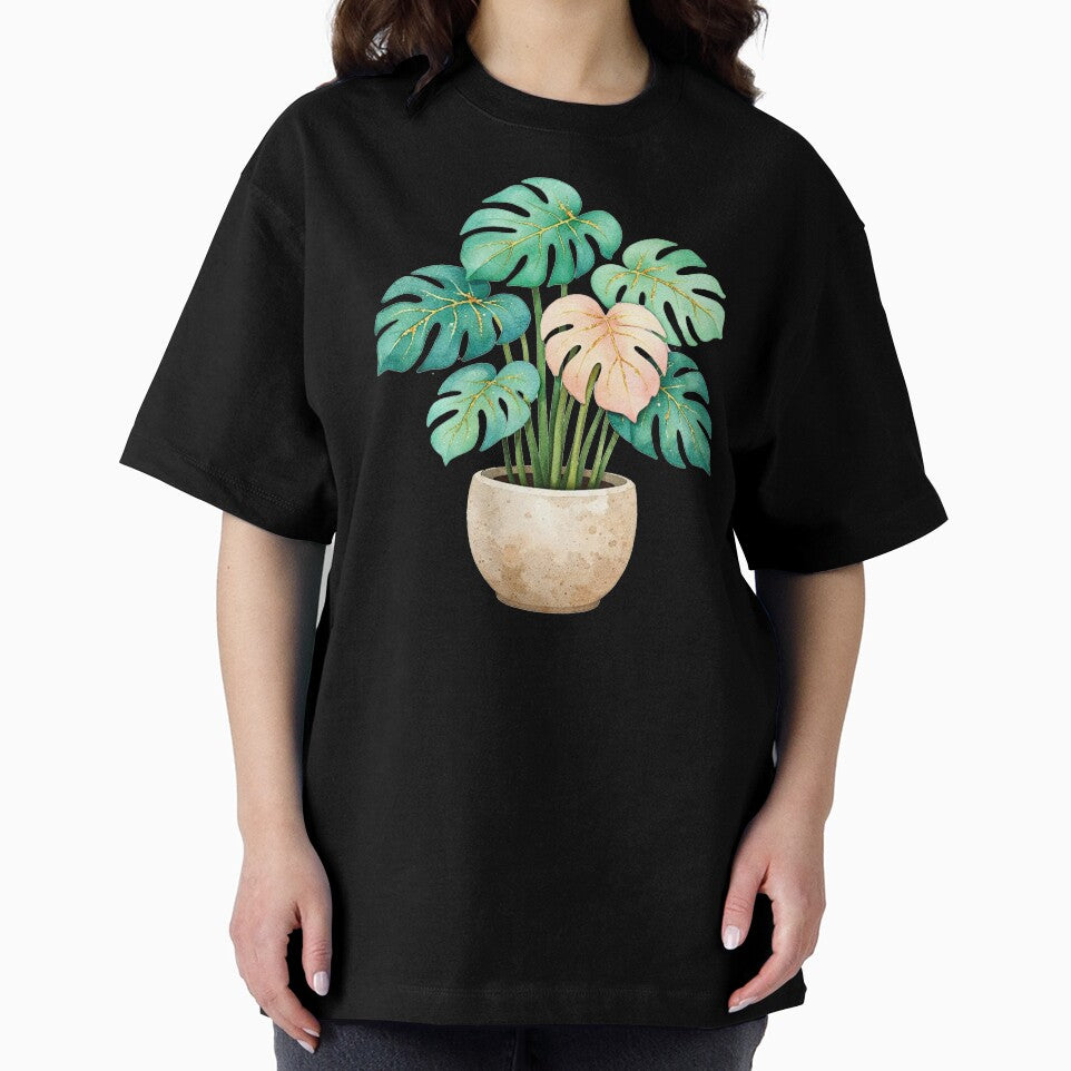 Golden Monstera Plant Watercolor Teal and Pink Tropical Leaves in Stone Pot by Owcomm