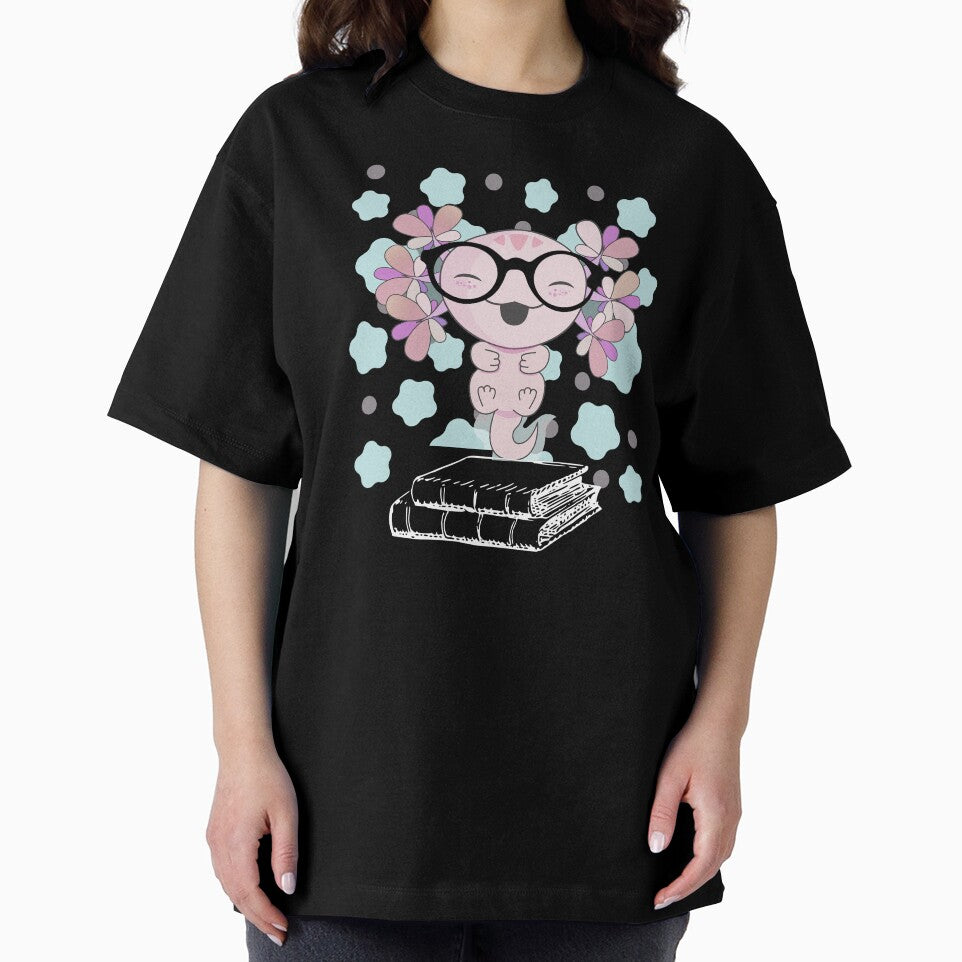 Lovely Axolotl Cute Pink Nerd with Two Books and Glasses, Axlolt, Amphibian sitting on Books by DiensDesign