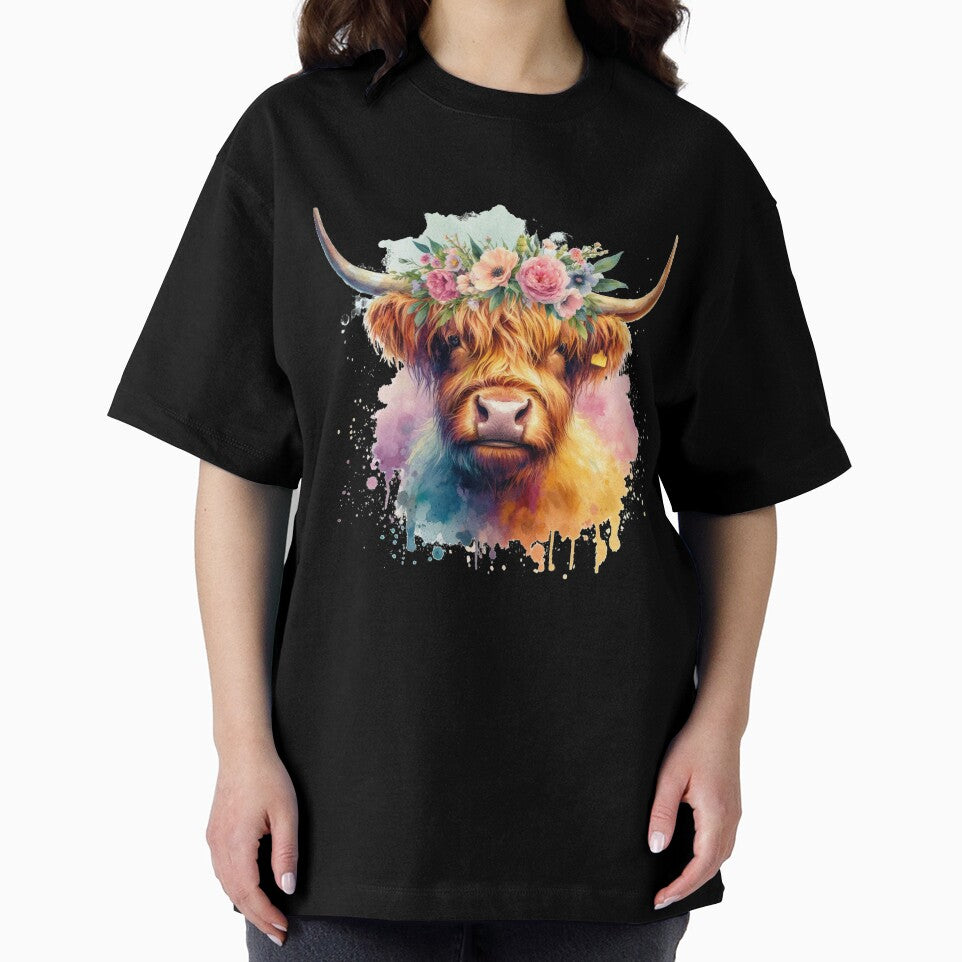 Scottish Highland Cow Wearing a Crown of Flowers Colorful Watercolor by MaedK