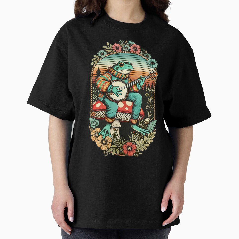 Vintage Sunset Banjo-Playing Frog on Mushroom Cottagecore Folk Design by Victor Shadehorn