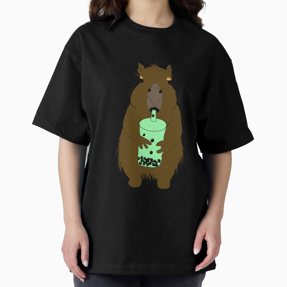 Cute Capybara Drinking Matcha Bubble Tea Illustration by Najomiartstudio