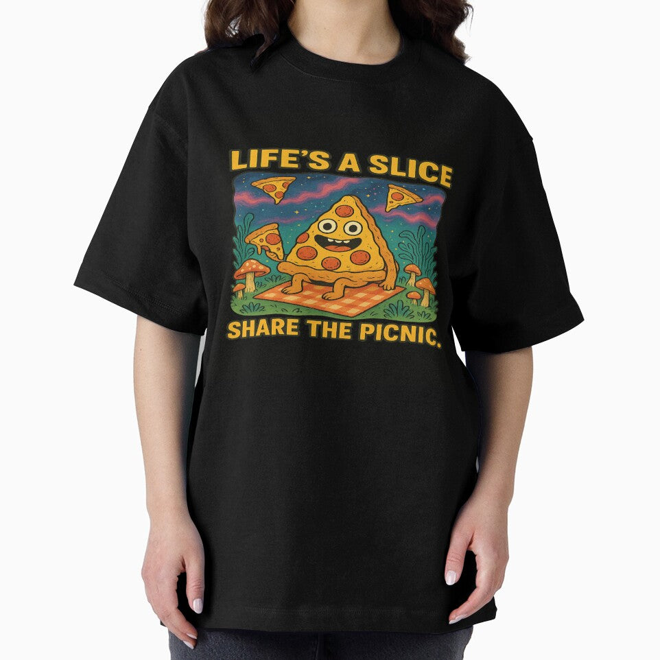 Life’s a Slice – Funny Pizza Picnic Cosmic Mushroom by POD DYNASTY | Original Print On Demand T-Shirt Graphics