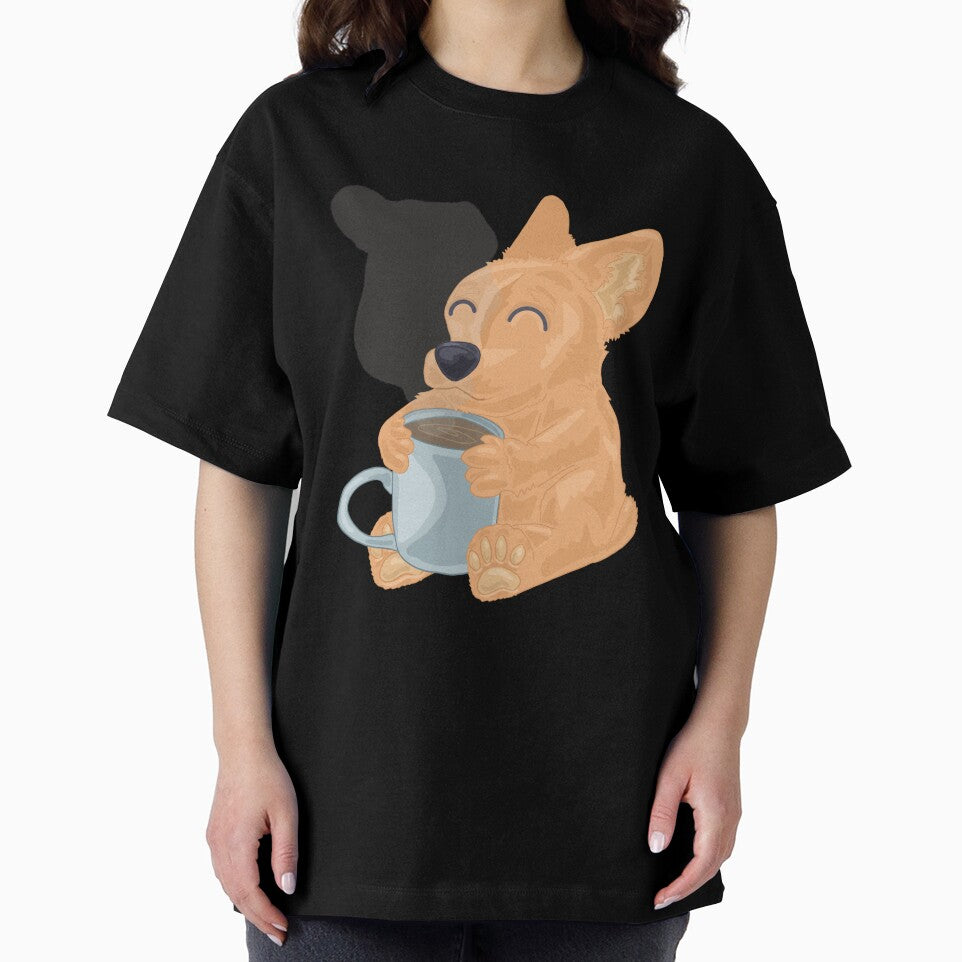 Corgi with coffee cup, corgi drinking coffee by Kaleikaydesign