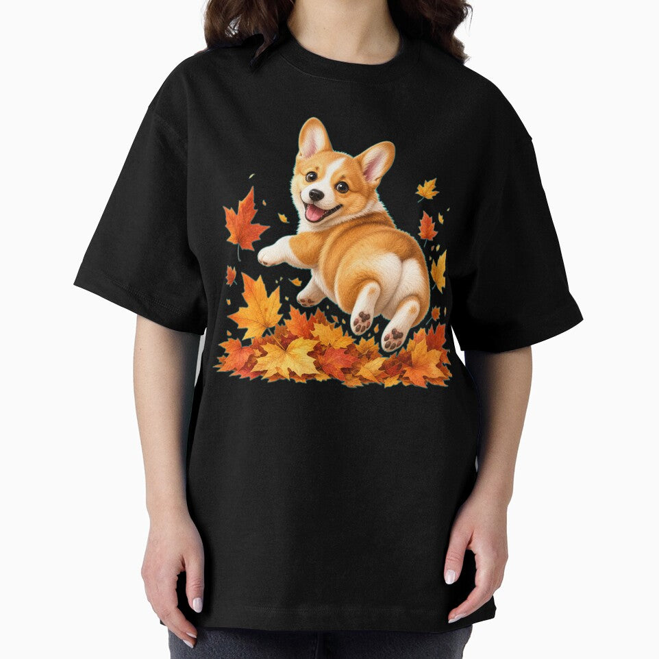 Playful Corgi Puppy in Autumn Leaves by DarVibe Designs