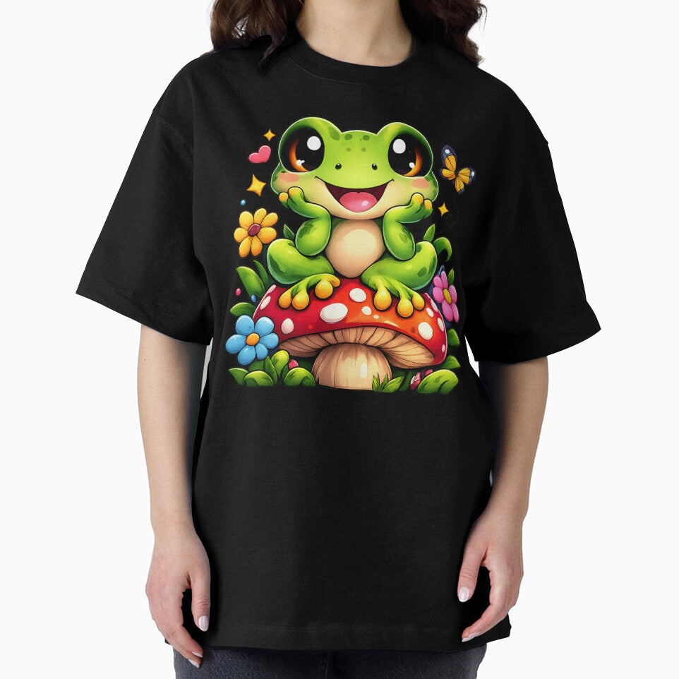 Cute Kawaii Frog Sitting on Mushroom – Happy Frog Cartoon Sticker & T-Shirt by irfanshikh