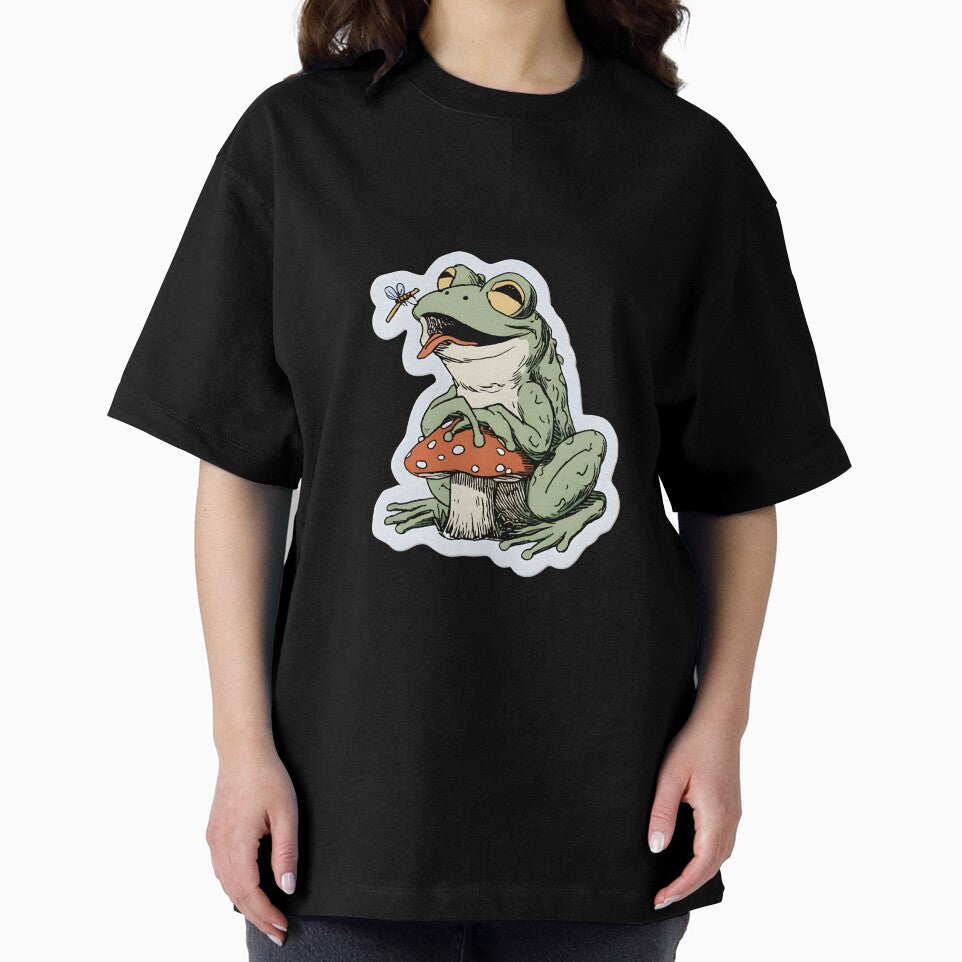 "Snack Time" Cute Frog on Mushroom Catching a Fly by The Mix Tape