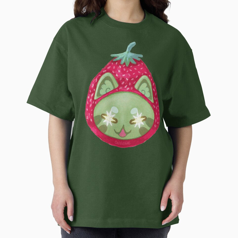 Strawberry Matcha Cat Art Print | Kawaii Fruit Cat Illustration | Green Cat Wall Art by ghostieking