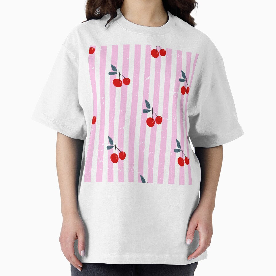 Cherry Stripe Pattern – Cute Pink and Black Retro Fruit Aesthetic by NightSpell