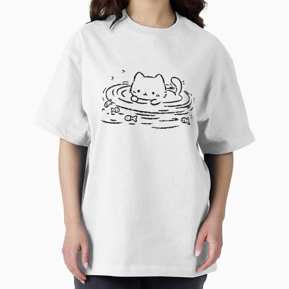 Kawaii Cute Cat Swimming Water Ripples Minimalist Fish by Krasnovaovaova