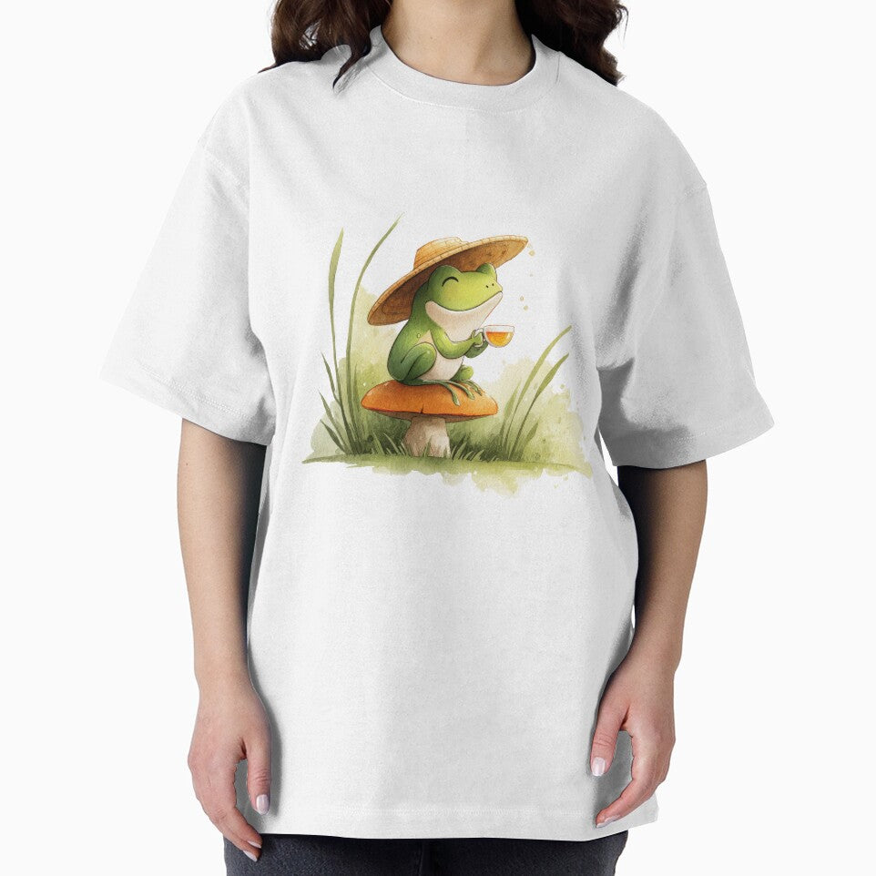 Kawaii Frog Sipping Tea in Straw Hat — Woodland Mushroom Aesthetic by VikArt7