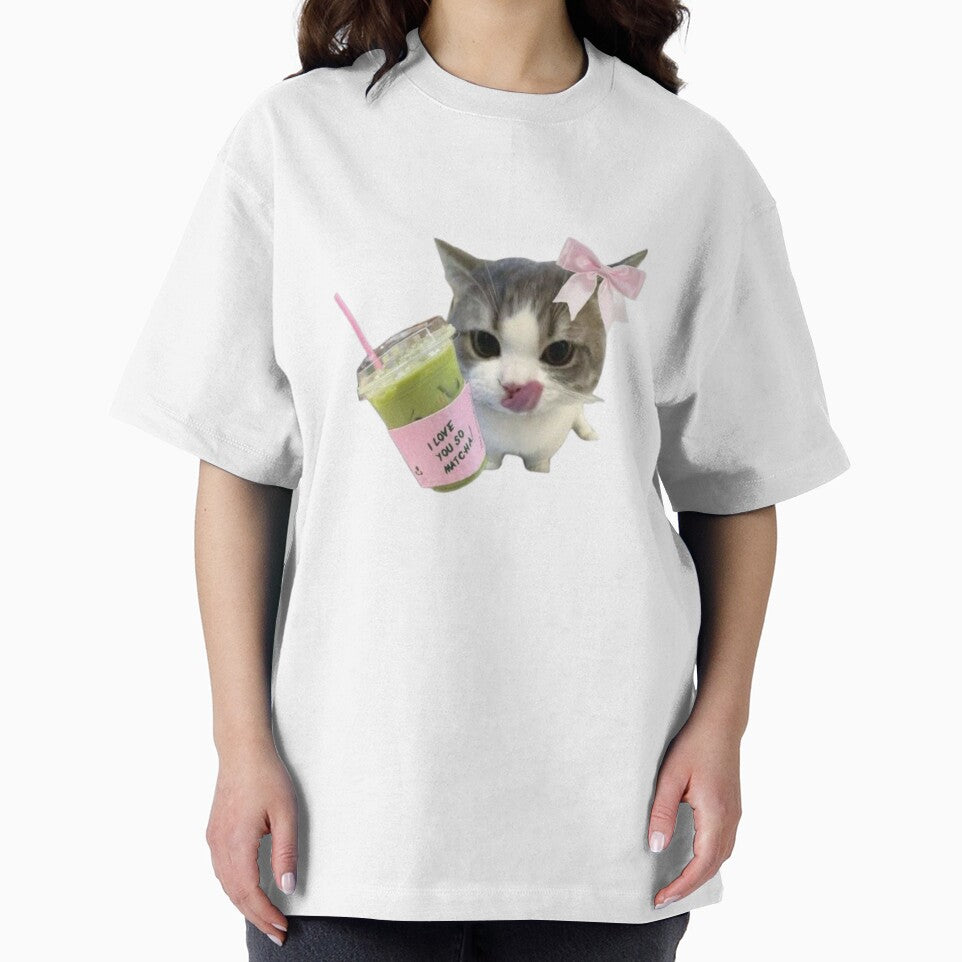 Coquette Aesthetic Cat Drinking Iced Matcha Green Tea by Theselinara