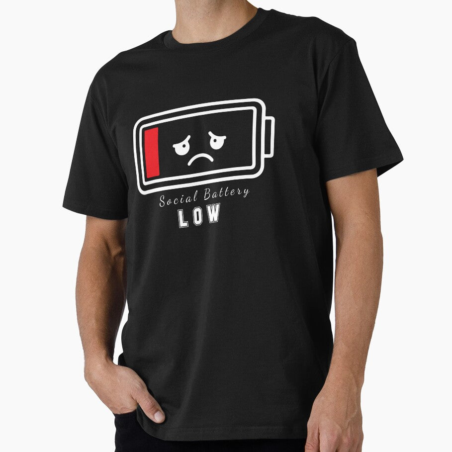 Social Battery Low Funny T-Shirt - Cute Sad Battery Meme Cartoon, Introvert Humor Graphic Tee, Minimalist Cartoon Energy Low Shirt by ArtZone1987