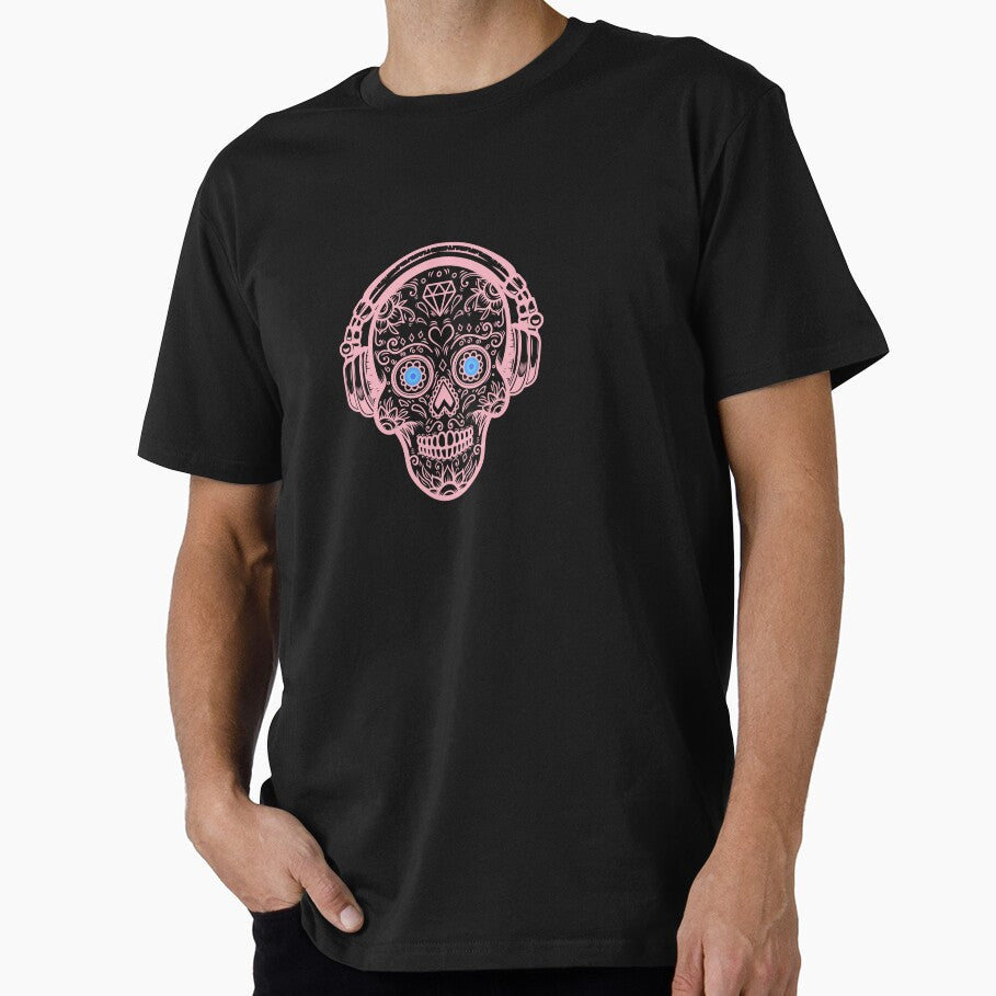 Peach Retro Sugar Skull with DJ Headphones by MusicMerchLab