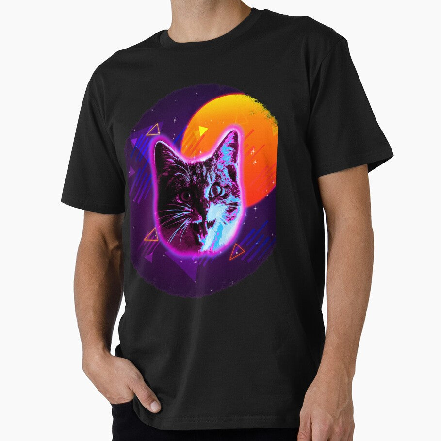 Cat Face Shirt Trippy Rave Neon 80s Disco Retro Kitten Tee by cgocgy
