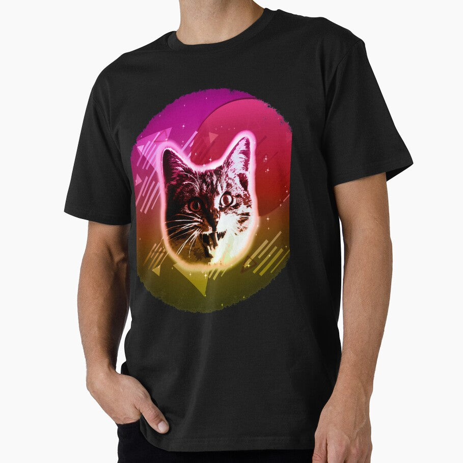 Cat Face Shirt Trippy Rave 80s Neon Disco Retro Kitten Tee by cgocgy