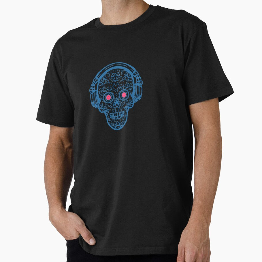 Blue Retro Sugar Skull with DJ Headphones by MusicMerchLab