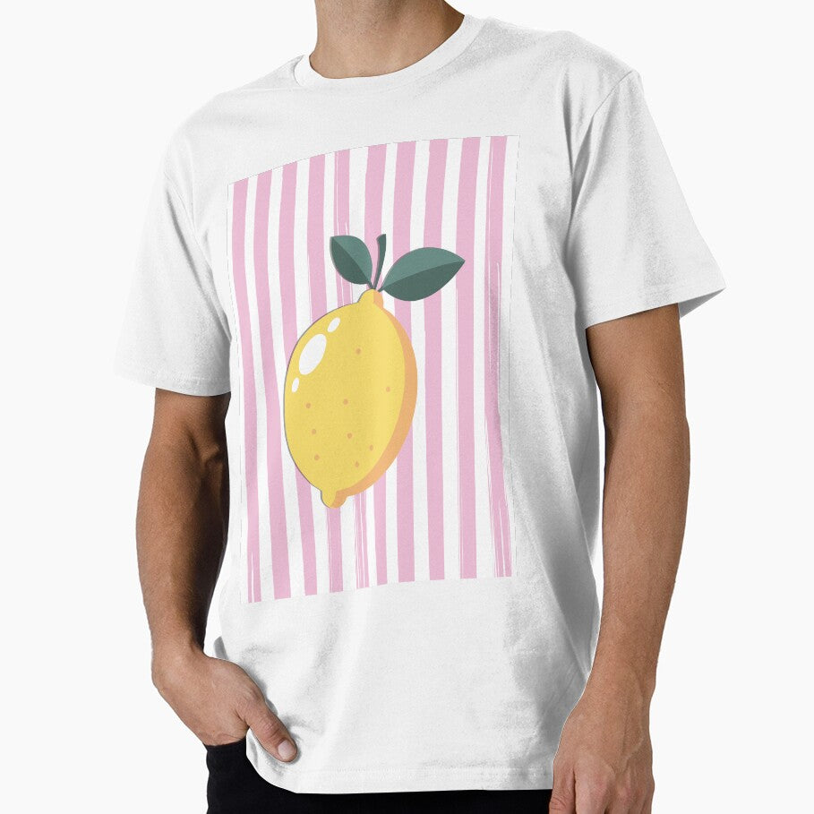 Retro Lemon on Pink Stripes – Cute Fruit Illustration, Minimalist Lemon Art Print by milesofmood