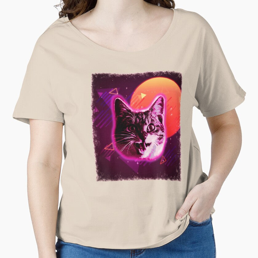 Cat Face Shirt Trippy Rave Disco 80s Neon Retro Kitten Tee by cgocgy