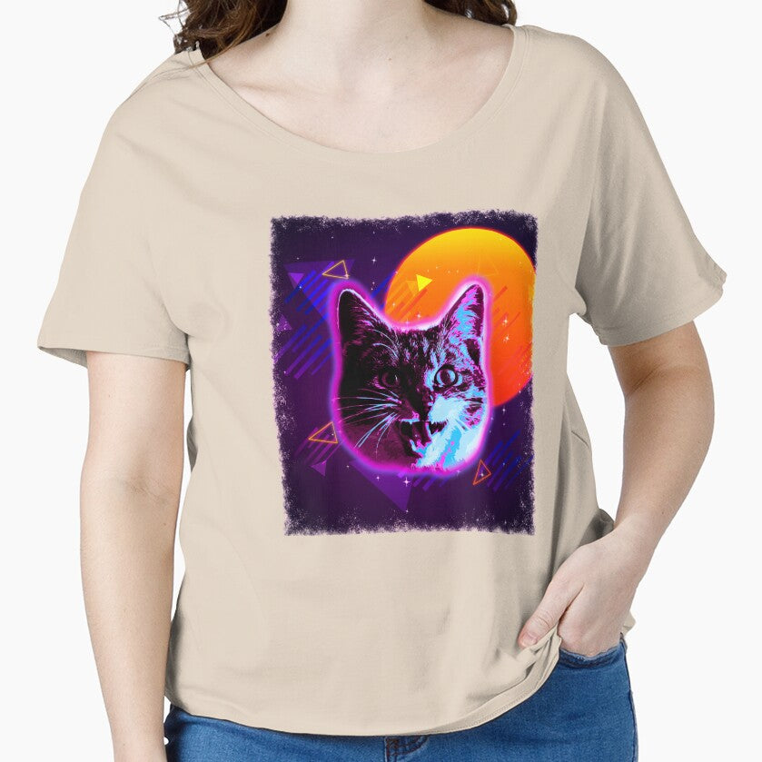 Cat Face Shirt Trippy Rave Disco Neon 80s Vintage Kitty Tee by cgocgy