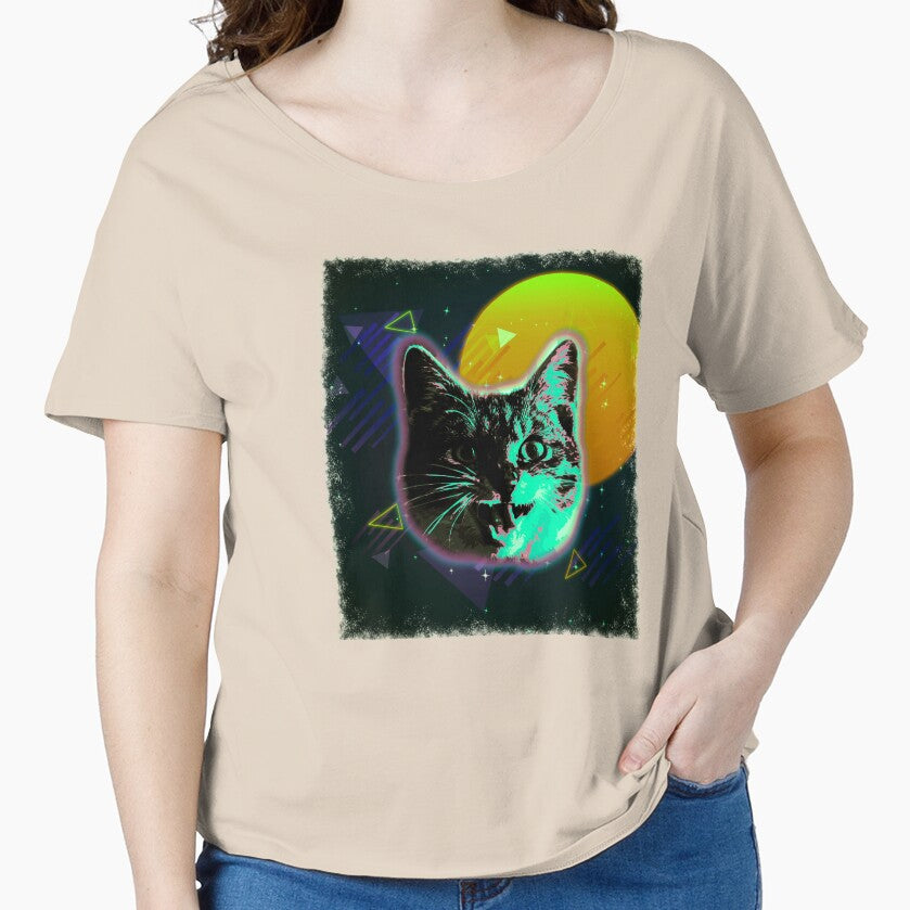 Cat Face Shirt Trippy Rave Disco 80s Neon Vintage Kitty Tee by cgocgy