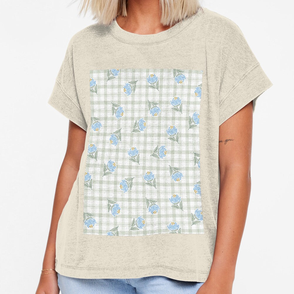 Cottage Blue Flowers On Gingham Checkered Grid In Blue And Green by EliveraDesigns