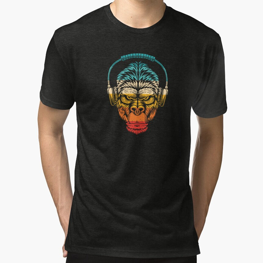 Retro Striped Gorilla with DJ Headphones and Nose Ring by MusicMerchLab