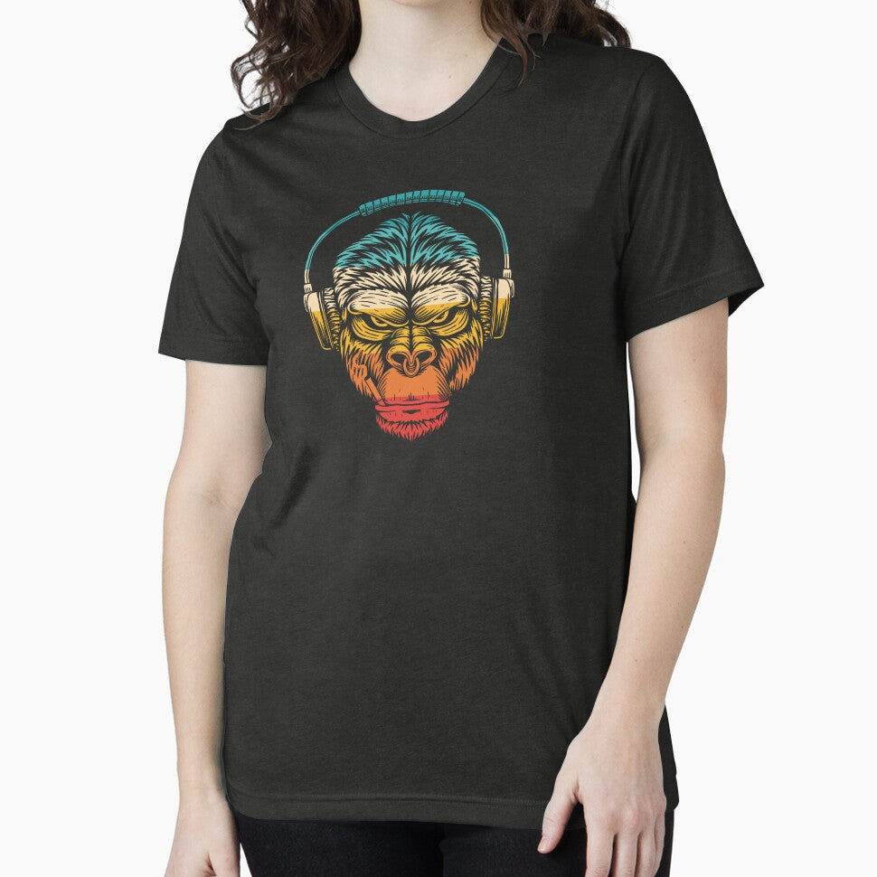 Retro Striped Gorilla with DJ Headphones and Nose Ring by MusicMerchLab