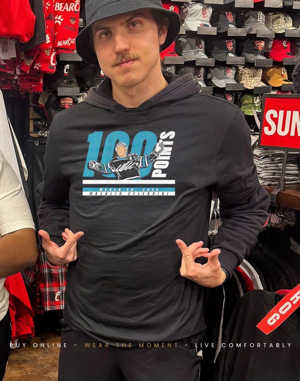 San Jose Macklin Celebrini 100 Points 2025-26 March 30 2026 signature shirt