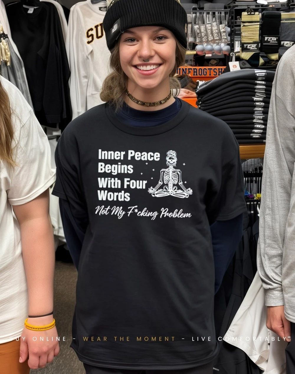 Skeleton meditate inner peace begins with four words not my fucking problem shirt