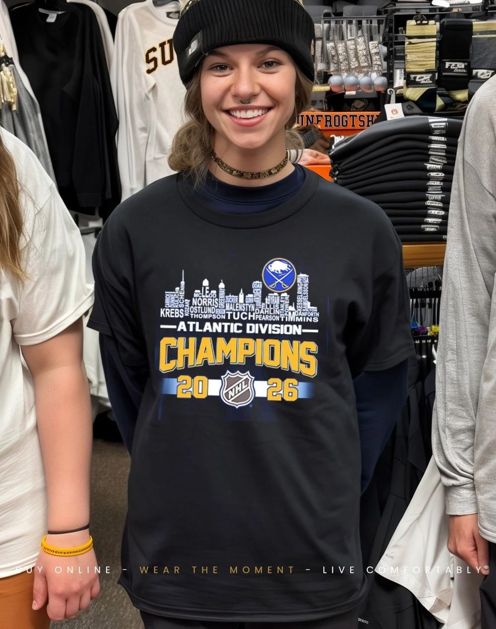 Buffalo Sabres 2026 Atlantic Division Champions players names city skyline shirt