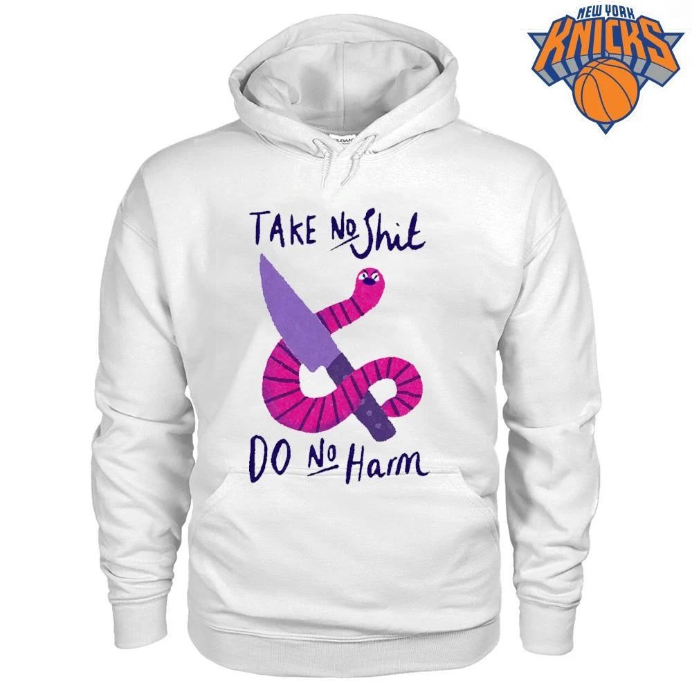 Take No Shit Do No Harm Cute Pink Worm Holding Knife Funny Aesthetic Mental Health Quote shirt