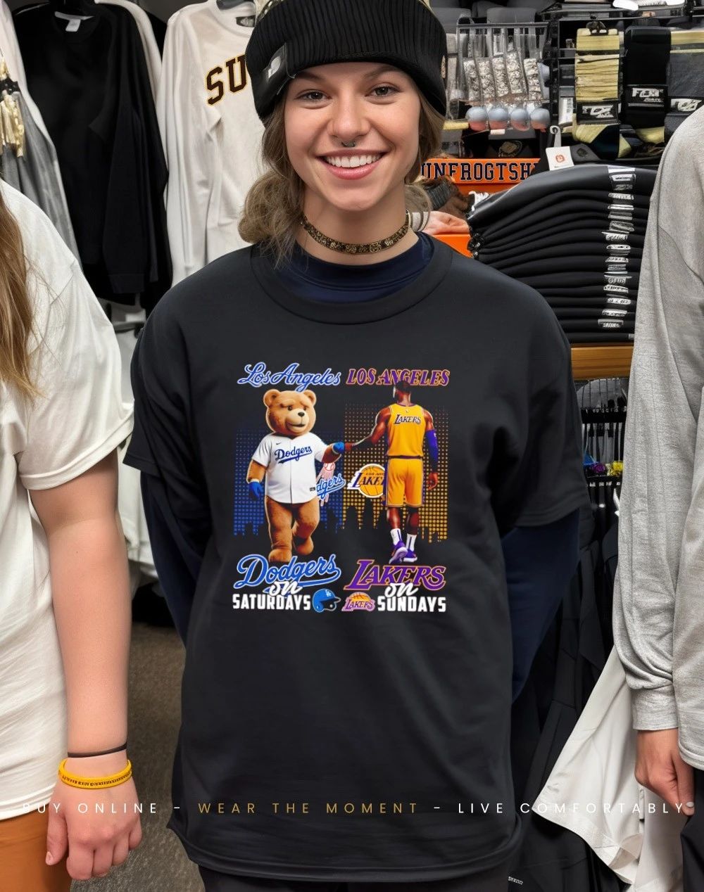 Los Angeles Dodgers on Saturdays vs Los Angeles Lakers on Sundays mascot city skyline shirt