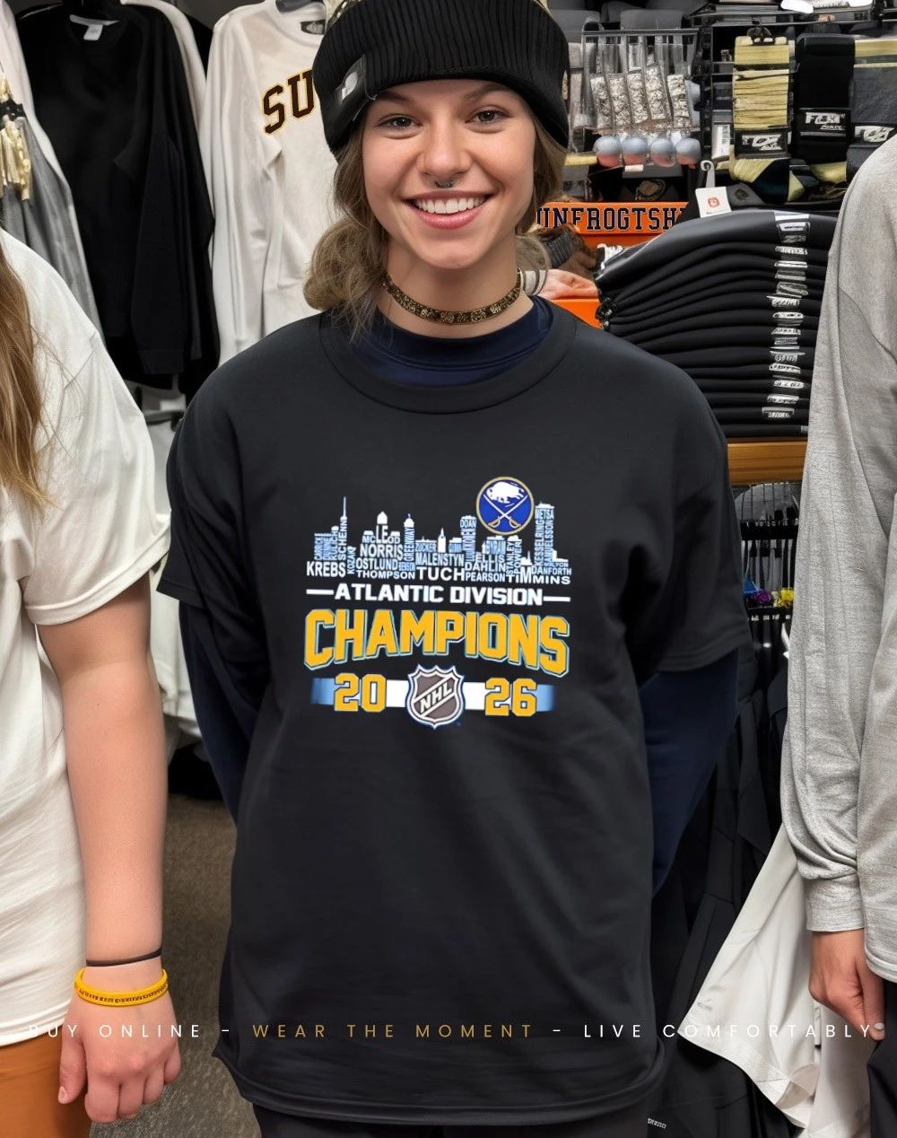 Buffalo Sabres 2026 Atlantic Division Champions player names city skyline shirt