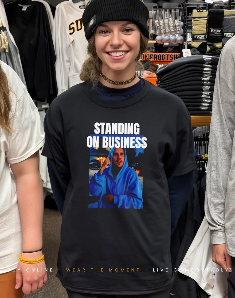 Justin standing on business shirt