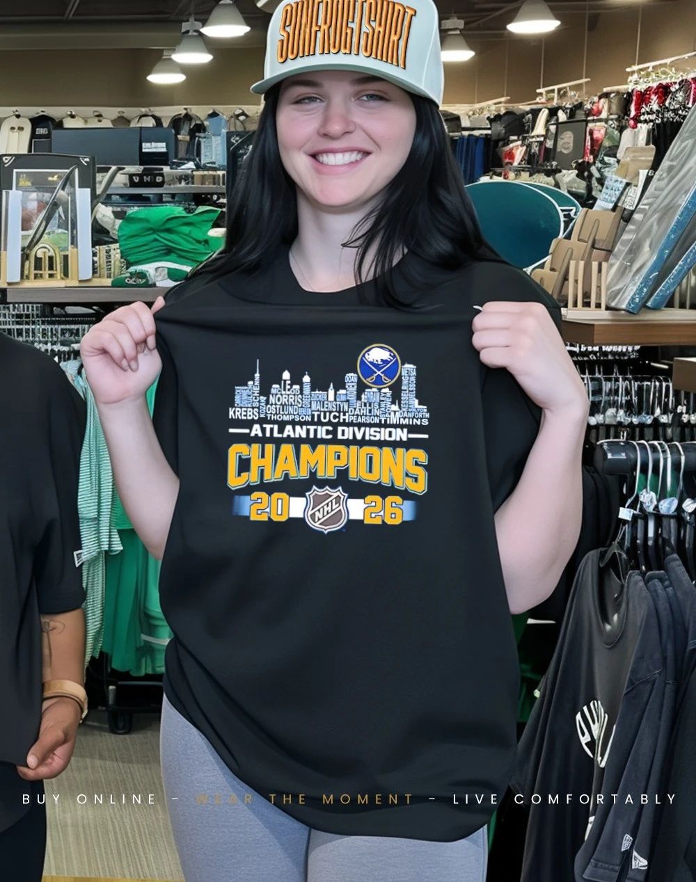 Buffalo Sabres 2026 Atlantic Division Champions player names city skyline shirt