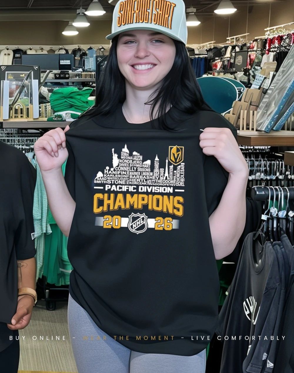 Vegas Golden Knights 2026 Pacific Division Champions player names city skyline shirt