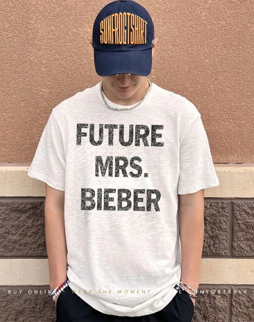 Hailey Bieber wearing Mrs. Bieber shows support for Justin’s Coachella 2026 shirt