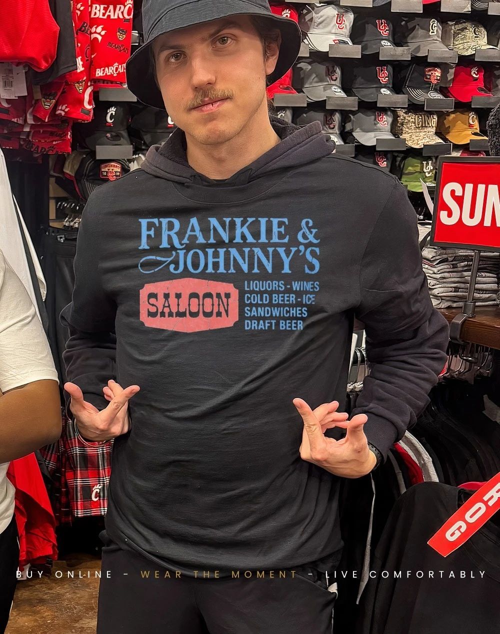 Frankie & Johnny’s Saloon Liquors wines cold beer ice sandwiches shirt