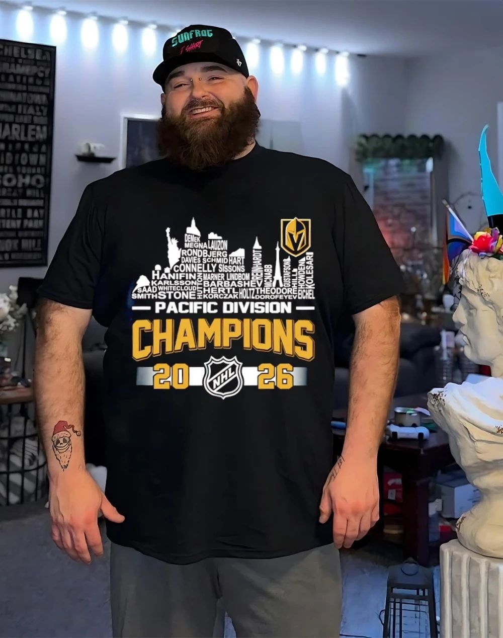Vegas Golden Knights 2026 Pacific Division Champions player names city skyline shirt